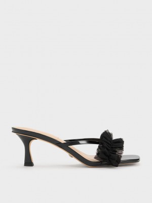 Charles & Keith Rugan Deri Ruffled Mesh Topuklu Mules Siyah | NOFI-61289