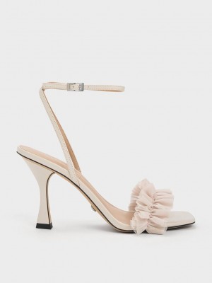 Charles & Keith Rugan Deri Ruffled Mesh Topuklu Sandals Pembe | ITSY-28041