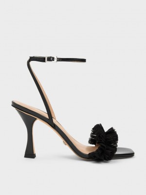 Charles & Keith Rugan Deri Ruffled Mesh Topuklu Sandals Siyah | DTRM-90142