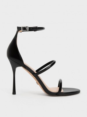 Charles & Keith Rugan Deri Triple Askılı Topuklu Sandals Siyah | RXCZ-60935