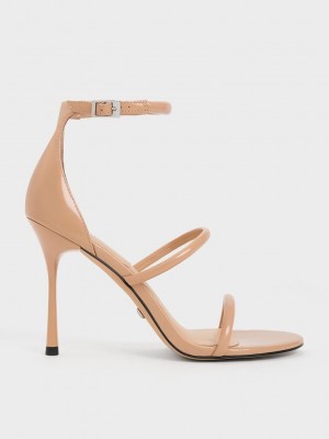 Charles & Keith Rugan Deri Triple Askılı Topuklu Sandals Bej Rengi | RFVG-47983