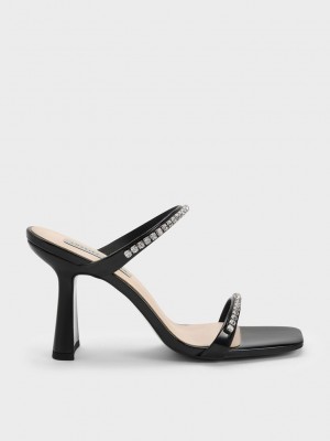 Charles & Keith Rugan Gem-Encrusted Topuklu Sandals Siyah | XYQL-14956