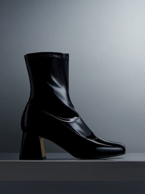 Charles & Keith Rugan Metallic Trapeze Heel Ankle Boots Siyah | FXIW-30469