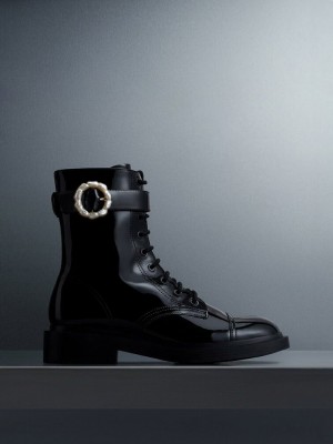 Charles & Keith Rugan Pearl Tokalı Dantel-Up Ankle Boots Siyah | WNLV-91526