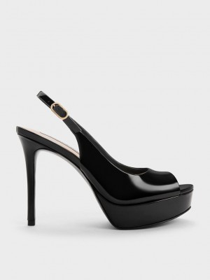Charles & Keith Rugan Platform Arkası Açık Sandals Siyah | YOJQ-09172