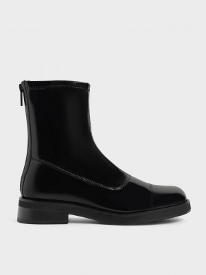 Charles & Keith Rugan Round Burunlu Zip-Up Ankle Boots Siyah | HGWA-07845