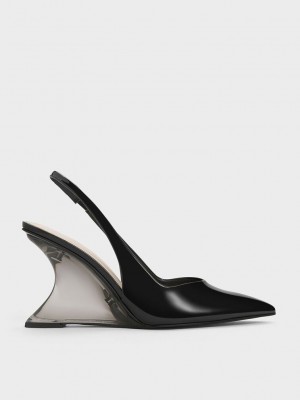 Charles & Keith Rugan Sculptural Arkası Açık Wedges Siyah | YQJB-47689