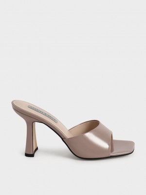 Charles & Keith Rugan Square Burunlu Topuklu Mules Gri Kahverengi | AEXK-95384