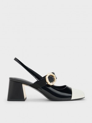 Charles & Keith Rugan Two-Tone Pearl Tokalı Arkası Açık Pumps Siyah | IARZ-35964
