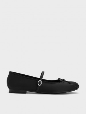 Charles & Keith Satin Bow Mary Jane Flats Siyah | EACO-48702