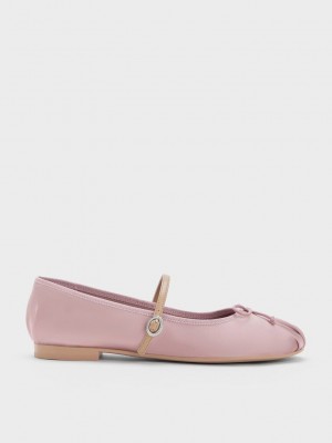 Charles & Keith Satin Bow Mary Jane Flats Pembe | SHBN-62915