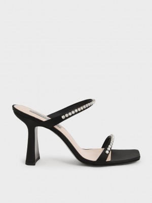 Charles & Keith Satin Gem-Encrusted Topuklu Sandals Siyah | GVKC-41283