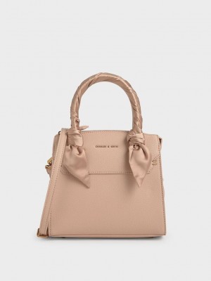 Charles & Keith Satin Scarf Top Handle Bag Bej Rengi | GCQJ-81459