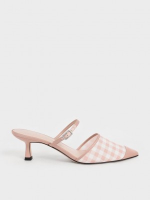 Charles & Keith Satin & Check-Print Embellished-Tokalı Mules Pembe | RPKB-65037
