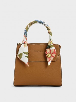 Charles & Keith Scarf-Wrapped Top Handle Bag Kahverengi | LTFJ-75048