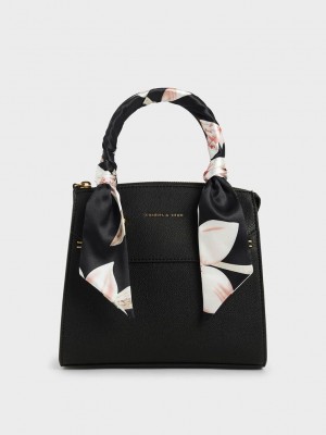 Charles & Keith Scarf-Wrapped Top Handle Bag Siyah | SYFI-27461