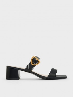 Charles & Keith Sepphe Metallic Tokalı Topuklu Mules Siyah | DSYP-46728