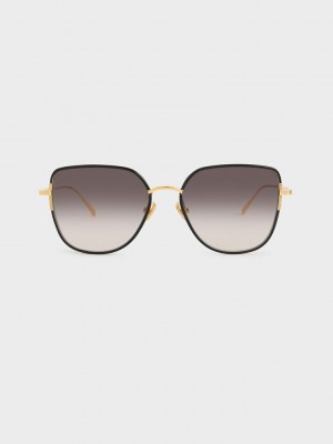 Charles & Keith Seraphina Panelled Temples Butterfly Sunglasses Siyah | GYVP-10543
