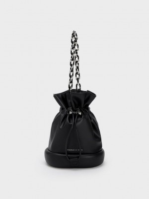 Charles & Keith Shiloh Drawstring Bucket Bag Siyah | CUQE-06378