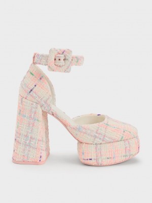 Charles & Keith Sinead Tweed Buckled D'Orsay Platform Pumps Renkli | LCIZ-10874