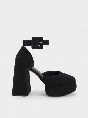 Charles & Keith Sinead Woven Buckled D'Orsay Platform Pumps Siyah | XYKV-09248