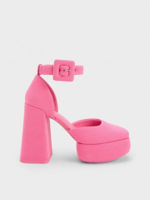 Charles & Keith Sinead Woven Buckled D'Orsay Platform Pumps Pembe | ATIL-57190