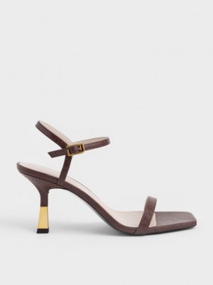 Charles & Keith Snake-Print Ankle-Askılı Topuklu Sandals Kahverengi | YGMZ-32168