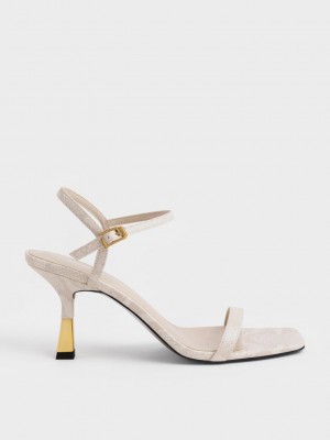 Charles & Keith Snake-Print Ankle-Askılı Topuklu Sandals Beyaz | FGTY-41582