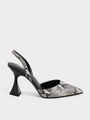 Charles & Keith Snake-Print Arkası Açık Pumps Bej Rengi | ITYU-37605