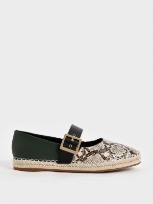 Charles & Keith Snake-Print Buckled Espadril Flats Bej Rengi | UAFZ-70845