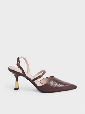 Charles & Keith Snake-Print Double Askılı Arkası Açık Pumps Kahverengi | GKAS-49620