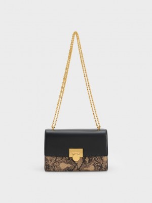 Charles & Keith Snake Print Metallic Accent Clutch Bej Rengi | YMHG-72140