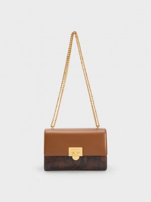 Charles & Keith Snake Print Metallic Accent Clutch Çikolata | KCUD-56189
