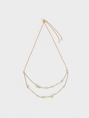 Charles & Keith Snowflake-Motif Pearl & Crystal Double Necklace Altın | KHGW-06947