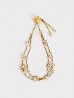 Charles & Keith Snowflake-Motif Pearl & Crystal Double Bracelet Altın | KGID-68124