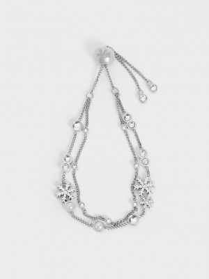Charles & Keith Snowflake-Motif Pearl & Crystal Double Bracelet Gümüş | ZOUF-74068