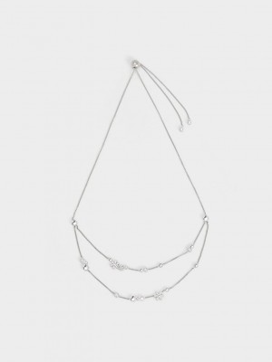 Charles & Keith Snowflake-Motif Pearl & Crystal Double Necklace Gümüş | SIQB-38267