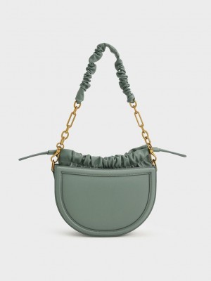 Charles & Keith Solange Ruched Chain Handle Crescent Bag Zeytin Yeşili Yeşil | XTAE-54802
