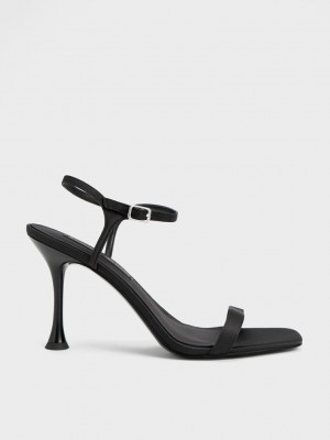 Charles & Keith Spool Heel Satin Sandals Siyah | DAPN-08964