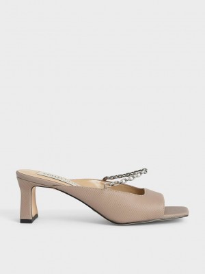 Charles & Keith Square Burunlu Chain Link Mules Bej Rengi | CSWN-93105