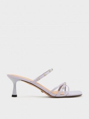 Charles & Keith Square Crystal-Embellished Metallic Deri Topuklu Mules Mor | LHIE-42960