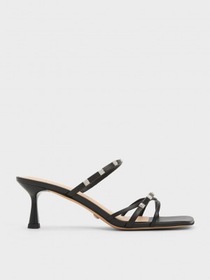 Charles & Keith Square Crystal-Embellished Deri Topuklu Mules Siyah | HXQN-17859
