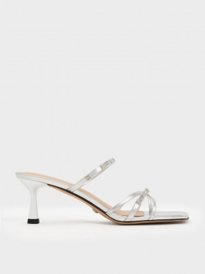 Charles & Keith Square Crystal-Embellished Metallic Deri Topuklu Mules Gümüş | DRTB-14690