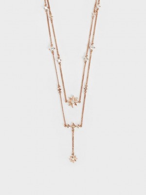Charles & Keith Star Motif Crystal-Embellished Double Necklace Pembe Altın | MNAH-98150