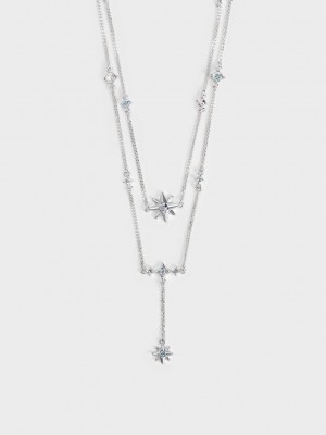 Charles & Keith Star Motif Crystal-Embellished Double Necklace Gümüş | WQCI-08462