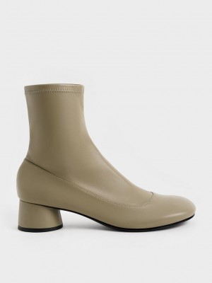 Charles & Keith Stitch-Trim Cylindrical Heel Ankle Boots Zeytin Yeşili | MBXG-09612