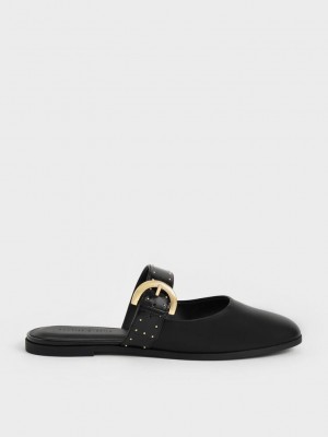 Charles & Keith Studded Buckled Düz Mules Siyah | BIZL-06319