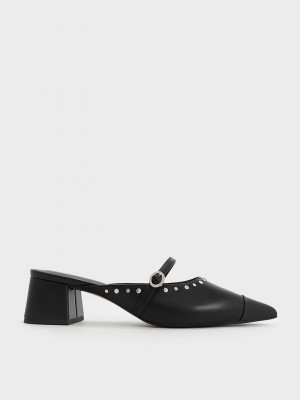 Charles & Keith Studded Pointed-Burunlu Block Heel Mules Siyah | KSJU-06247