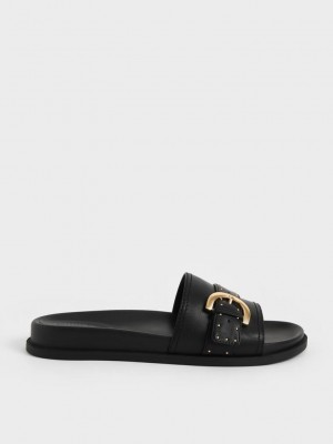 Charles & Keith Studded Tokalı Terlik Sandals Siyah | RTPE-90271