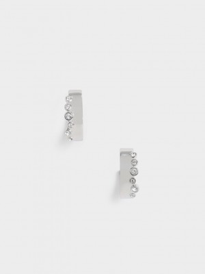 Charles & Keith Swarovski Crystal Studded Hoop Earrings Gümüş | XVNC-94801